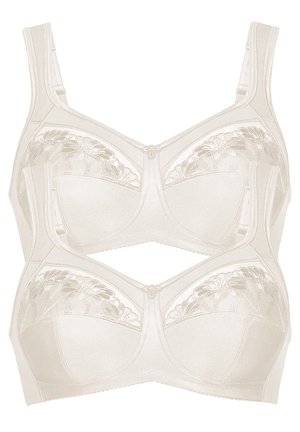 Two cream-colored full-coverage bras with wide straps and floral lace embroidery on the upper cups, shown front-facing.