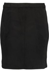 Svart mocka minikjol med en figurnära design, slät textur och diskreta sömdekorationer, samt två framfickor.