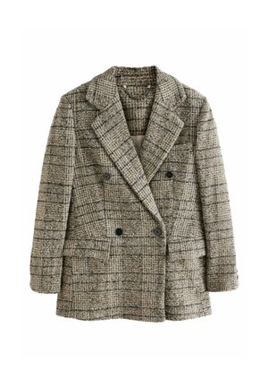 Doppelt gefütterte Blazer in einem strukturierten Braun- und Schwarzmuster. Hat große Revers, zwei Fronttaschen und schwarze Knöpfe.