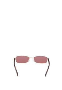 Sunglasses with rectangular pink lenses, metallic gold frame, and tortoiseshell arms. Features clear nose pads and slim design.