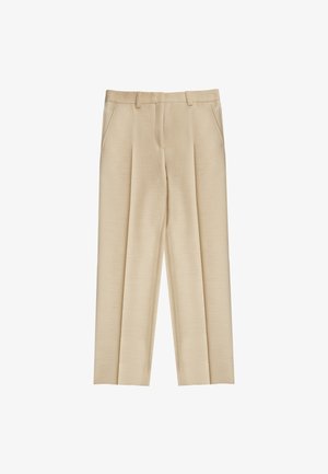 Beige op maat gemaakte broek van gestructureerde stof met voorplooien, riemlussen en twee zijzakken. Schone, rechte pijpdesign.