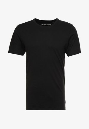 Camiseta de manga corta negra hecha de algodón, con cuello redondo y una sutil etiqueta de logo en el costado. Diseño simple y versátil.