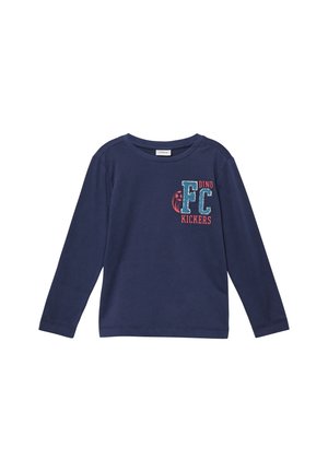 Maglietta a maniche lunghe blu navy in cotone, caratterizzata da un logo grafico testurizzato con "FC" e "Dino Kickers" in rosso e teal.