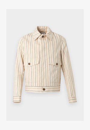 Jachetă scurtă bej cu dungi verticale subțiri maro, buzunare cu clapetă și nasturi la piept, nasturi maro și guler ascuțit.