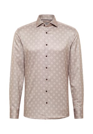 Chemise à manches longues de couleur marron clair avec un motif géométrique de petits cercles, fermeture boutonnée sur le devant, col classique et texture lisse.