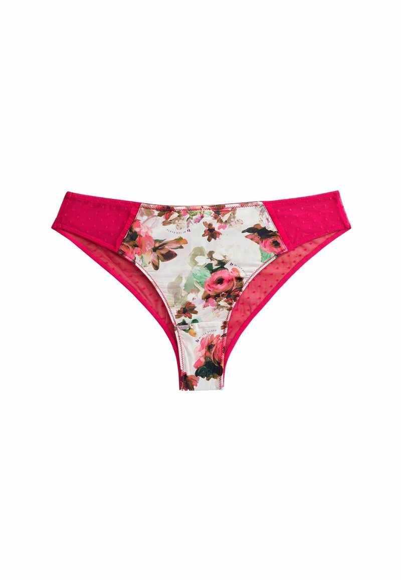 Ziedu raksta bikini apakšdaļa ar baltu un rozā dizainu. Ar rozā punktiņiem sānos un šauru elastīgu jostu.