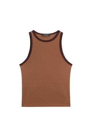 Brown sleeveless tank top made of soft fabric, featuring a contrasting dark brown trim around the neck and armholes.