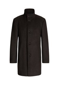 Dunkelbrauner Wollmantel mit hohem Kragen, fünf vorderen Knöpfen und Seitentaschen, tailliert geschnitten und mit glatter Textur.