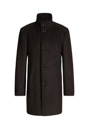 Dunkelbrauner Wollmantel mit hohem Kragen, fünf vorderen Knöpfen und Seitentaschen, tailliert geschnitten und mit glatter Textur.