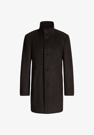 Donkerbruin wollen jas met een hoge kraag, vijf knopen aan de voorkant en zijzakken, met een getailleerde pasvorm en een gladde textuur.