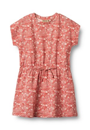 Rotes Blumenkleid mit kurzen Ärmeln, gerafftem Taillenteil und Bindedetail. Hergestellt aus leichtem Stoff mit weißen und rosa Blumenmustern.