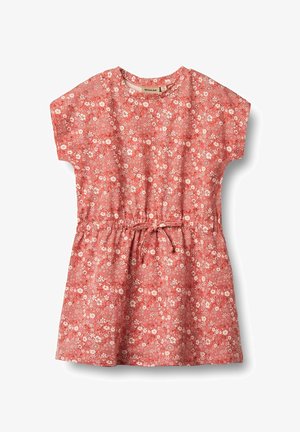 Red floral dress with short sleeves, gathered waist, and tie detail. Made of lightweight fabric with white and pink flower patterns.