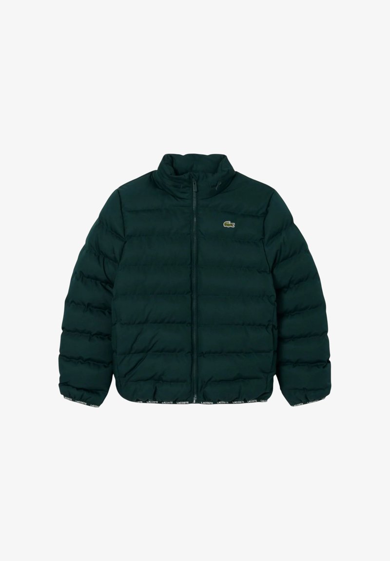 Tamsiai žalia pūsta dygsniuota striukė su užtrauktuku priekyje ir mažu „Lacoste“ krokodilo logotipu ant krūtinės.