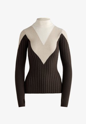 Geribbelde gebreide coltrui in beige, crème en donkerbruin. Voorzien van een V-vormig kleurblokdesign en een aansluitend silhouet.