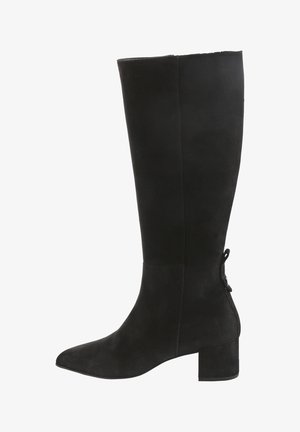 Black suede knee-high boot with a pointed toe and block heel. Features a smooth texture and a small bow accent at the back.