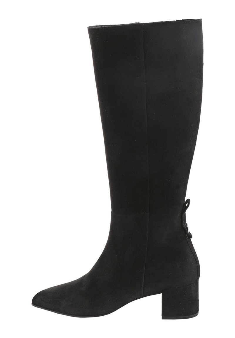 Black suede knee-high boot with a pointed toe and block heel. Features a smooth texture and a small bow accent at the back.