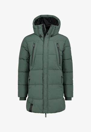 Green puffer jacket featuring a hood, zippered chest pockets, and elastic cuffs. The material is smooth with a quilted texture.