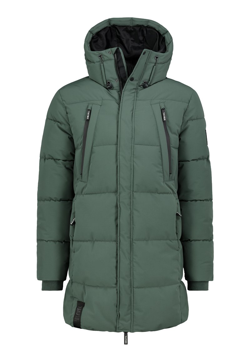 Grüne Puffjacke mit Kapuze, mit Reißverschlusstaschen auf der Brust und elastischen Bündchen. Das Material ist glatt und hat eine gesteppten Struktur.