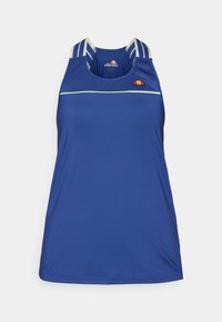 Blue sleeveless athletic top made of smooth material, featuring thin white horizontal stripes and a multicolored logo on the chest.