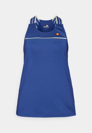 Blauw mouwloos sporttop van glad materiaal, met dunne witte horizontale strepen en een multicolor logo op de borst.