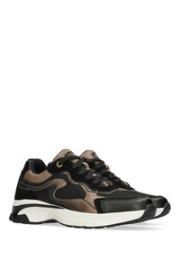 Pair of black and brown sports sneakers with white soles, black laces, and mesh and leather detailing, shown angled right.
