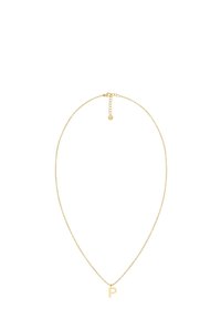 Collar delicado de cadena de oro con un peque�ño colgante en forma de letra "P" y cierre ajustable sobre un fondo blanco.
