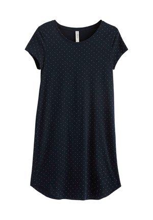 Navy blue cotton dress with short sleeves, featuring a scoop neckline and a white polka dot pattern throughout. Slightly curved hem.