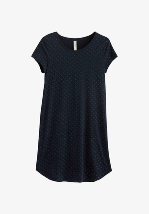Navyblaues Baumwollkleid mit kurzen Ärmeln, einem Rundhalsausschnitt und einem weißen Punktenmuster. Leicht abgerundeter Saum.