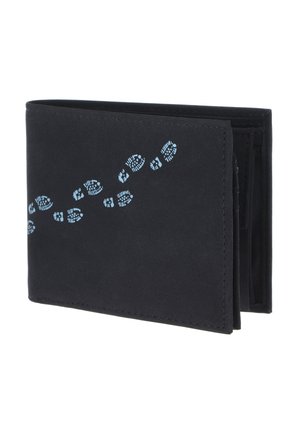 Portefeuille noir pliable avec motif d'empreintes de bottes bleu clair en diagonale sur le devant.