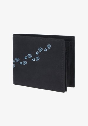 Portefeuille noir pliable avec motif d'empreintes de bottes bleu clair en diagonale sur le devant.