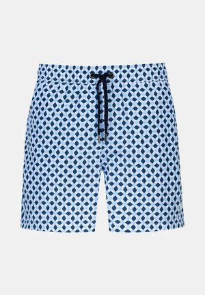 Shorts de bain bleus avec un motif en losanges, dotés d'une taille à cordon et d'un tissu léger pour le confort. Accents en bleu foncé.