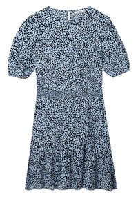 Robe bleu clair avec un motif à pois noirs, manches courtes bouffantes, taille smockée et ourlet froncé. Détail en trou de serrure au dos pour la fermeture.