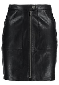 Black leather skirt featuring a front zipper, two side pockets, and a textured finish. The waistband is smooth with a button closure.