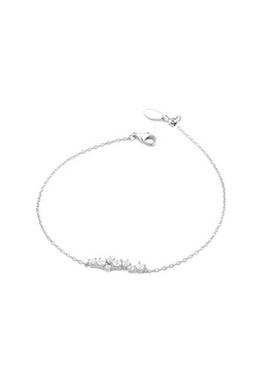 Silver chain bracelet featuring a row of five star-shaped clear gemstones, a lobster clasp, and an adjustable length with small links.