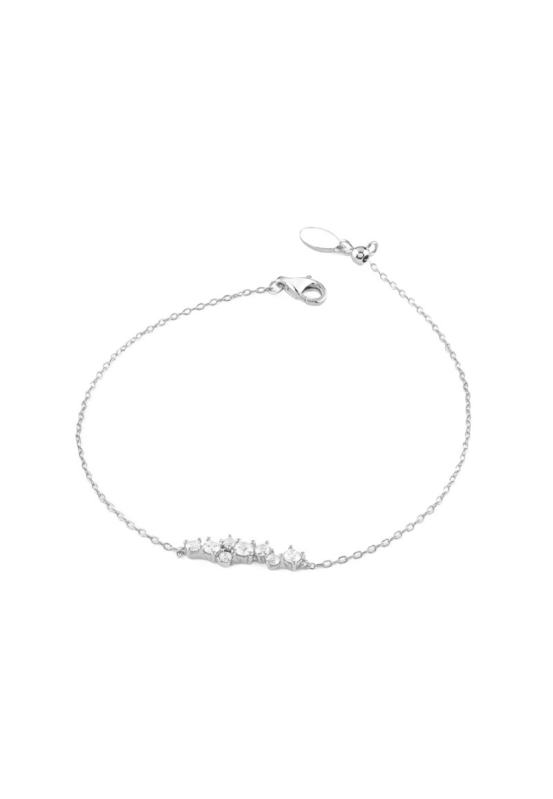 Silberner Armband mit einer Reihe von fünf sternförmigen klaren Edelsteinen, einem Karabinerhakenverschluss und einer verstellbaren Länge mit kleinen Gliedern.