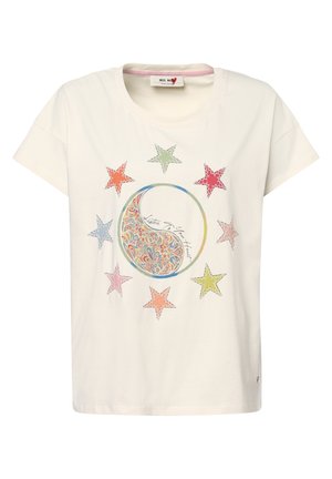 Camiseta de algodón blanca de manga corta que presenta un diseño colorido con un patrón circular y distintas formas de estrellas en rosa, verde, azul y naranja.