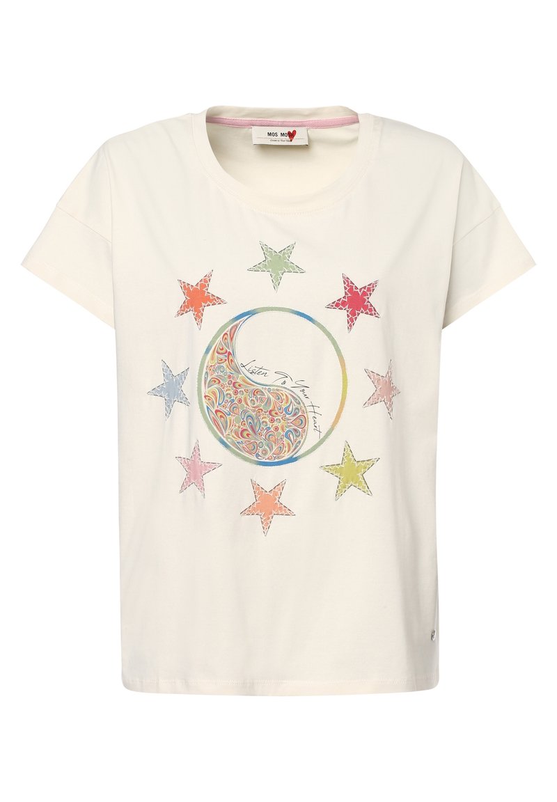 Kortärmad vit bomullströja med en färgglad design som har ett cirkulärt mönster och olika stjärnformer i rosa, grönt, blått och orange.