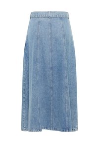 Hellblauer Denim-A-Linien-Rock, mit vertikalen Nähten, einer taillierten Taille und einem ausgestellten Saum. Glatte Textur mit standardmäßigen Nähdetails.