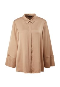 Camicia satin beige con colletto a punta, maniche lunghe a sbuffo, chiusura frontale a bottoni e finitura liscia. Presenta polsini larghi.