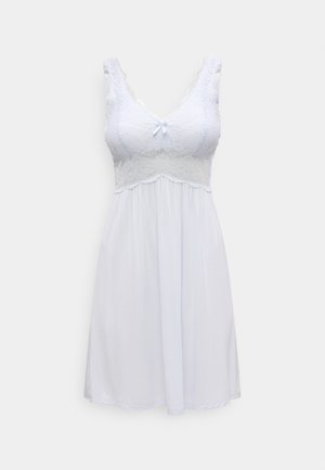 Weißes, ärmelloses Nachthemd mit Spitzenbesatz, tailliertem Mieder, kleinem Schleifendetail auf der Brust und fließendem Rock.