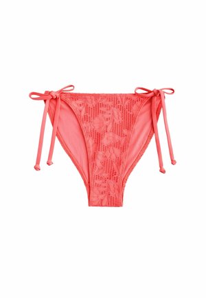 Coral bikini bottom with lace pattern, adjustable tie sides, and smooth texture. Features floral design detail across the fabric.