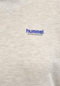 Lysegråt strikket stof med blå "hummel" og gråt "SPORTSWEAR" broderet tekst nær en V-hals.