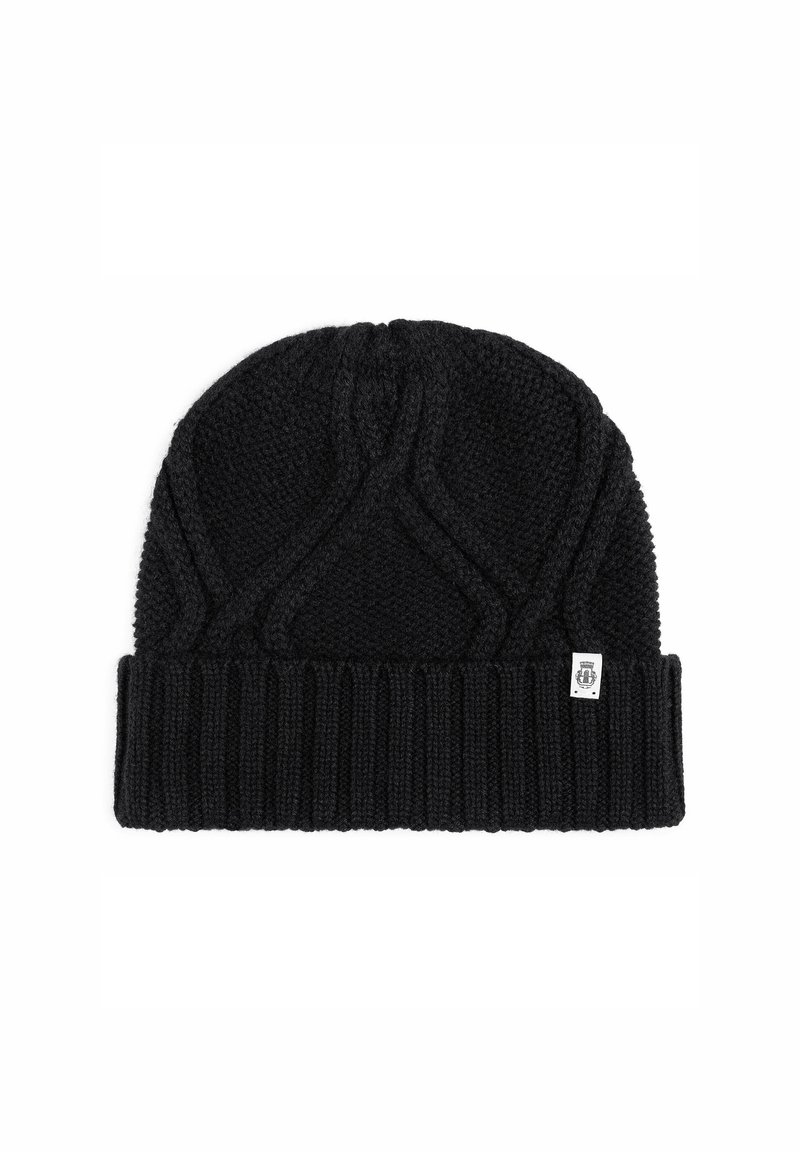 Black knitted beanie with a ribbed cuff, featuring a textured pattern on the crown and a small branded tag on the side.