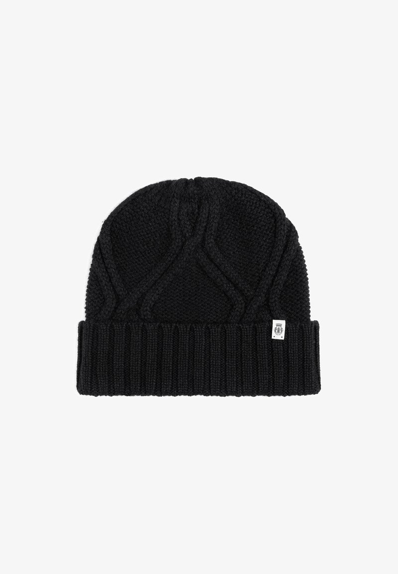 Black knitted beanie with a ribbed cuff, featuring a textured pattern on the crown and a small branded tag on the side.