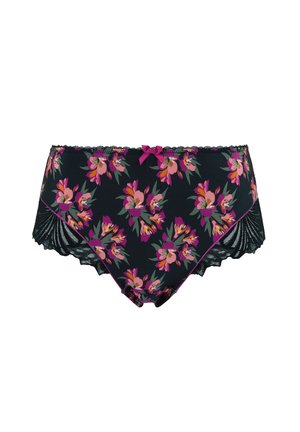 Culottes noires pour femmes avec un imprimé floral rose et orange, un nœud rose à la taille, et une bordure en dentelle noire sur les côtés et les ouvertures des jambes.