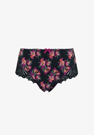 Zwarte women's brief met een roze en oranje bloemenprint, een roze strikje op de tailleband en zwarte kantafwerking aan de zijkanten en beenopeningen.