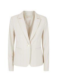 Blazer beige chiaro con righe verticali, chiusura a un bottone, revers a lancia e due tasche frontali. Vestibilità liscia e sartoriale.