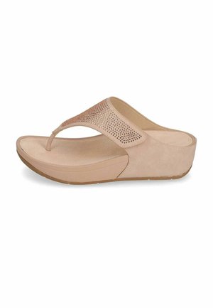Sandalo beige con zeppa, suola imbottita e piccoli strass sulla fascia larga per un abbigliamento casual da donna.