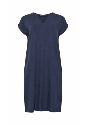 Marineblauwe jurk tot op de knie met korte opgerolde mouwen en een V-hals, weergegeven tegen een witte achtergrond.