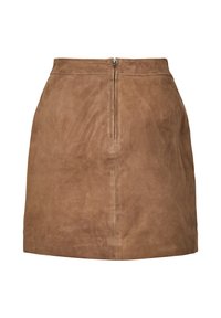 Mini-jupe en daim marron avec une fermeture éclair centrale au dos et une ceinture ajustée, présentée sur fond blanc.